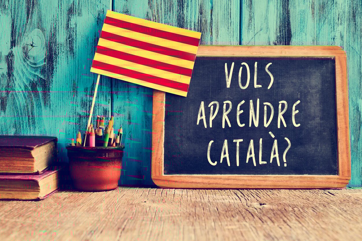 Chalkboard with the text 'Vols Aprendre Català?' next to Catalan flag and books.