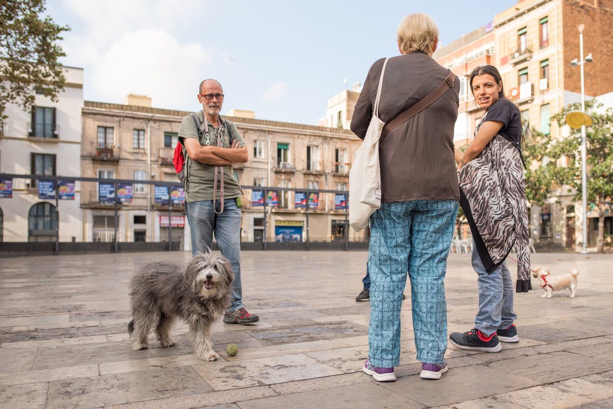 Group of locals with their dogs standing in a Plaça in Barcelona, chatting and enjoying the open square.