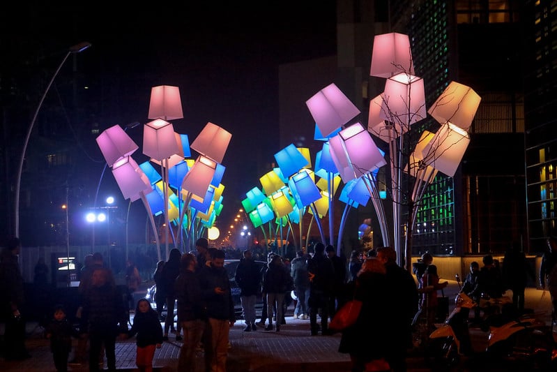 Colorful light installation at night in Barcelona.